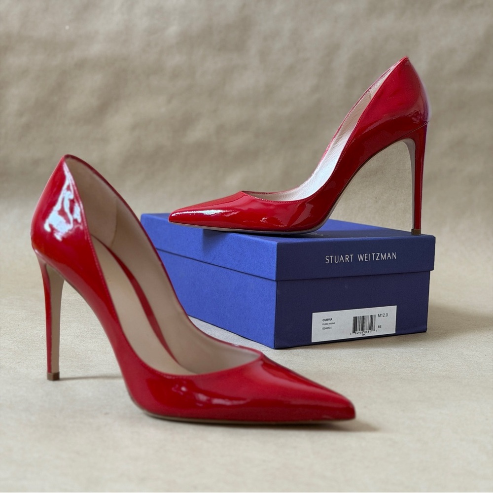 Stuart Weitzman Curvia Flame Aniline Red Patent Leather Stilettos 12M